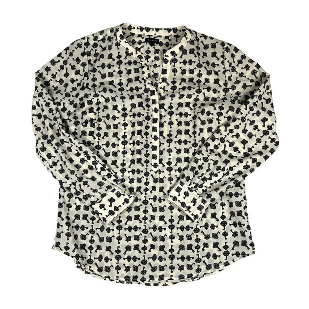 Talbots Womens M Long Sleeve Button Front Blouse Victorian Key V Neck Business